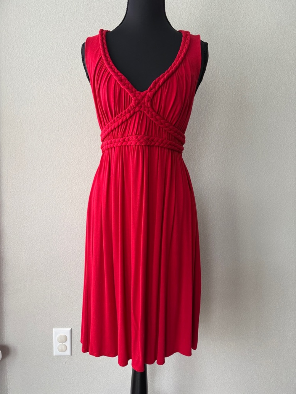 Braided-Accent Red Midi Dress
